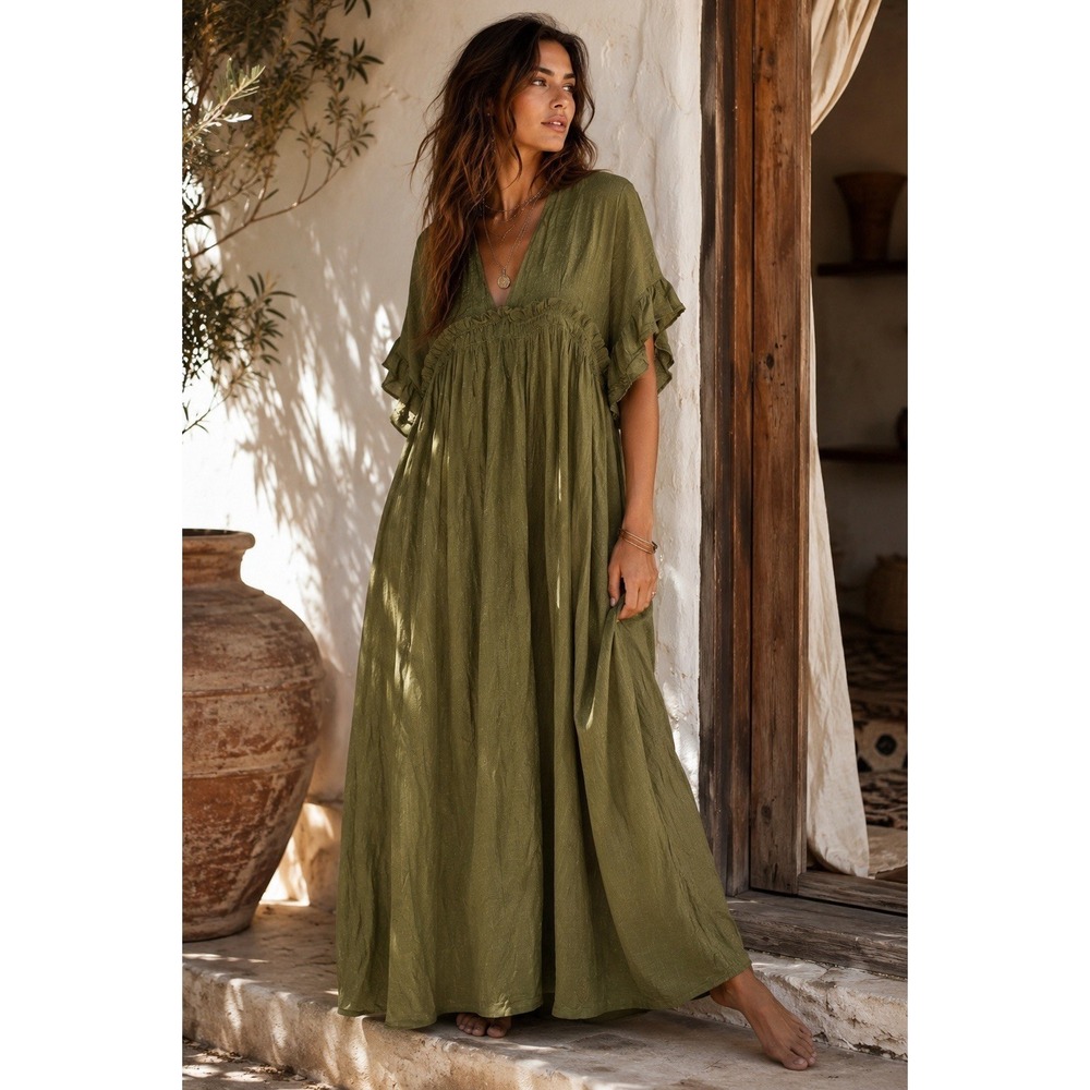 Women's Olive Green Gauze Maxi Dress‎ Boho Cottagecore Ruffle Trim Flowy Resort
